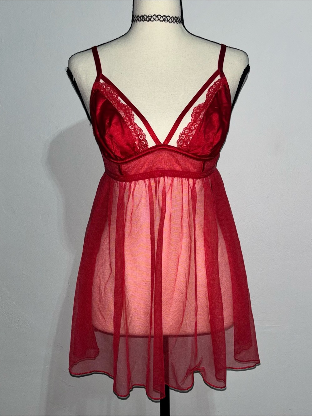 Victoria’s Secret Red Sheer Lace Babydoll Chemise Medium